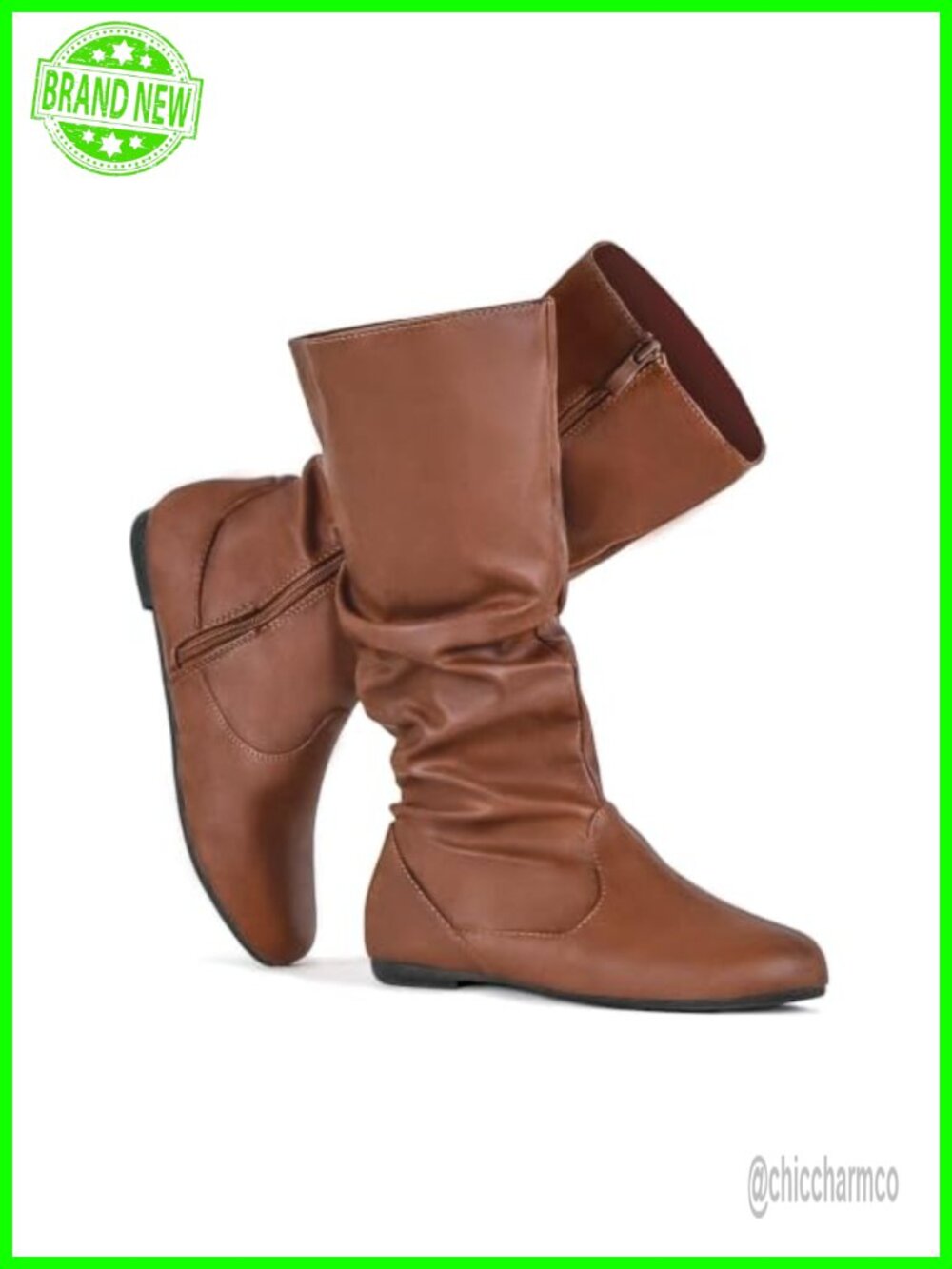 Womens Mid Calf Boots Faux Leather Slouchy Flat Zip Up